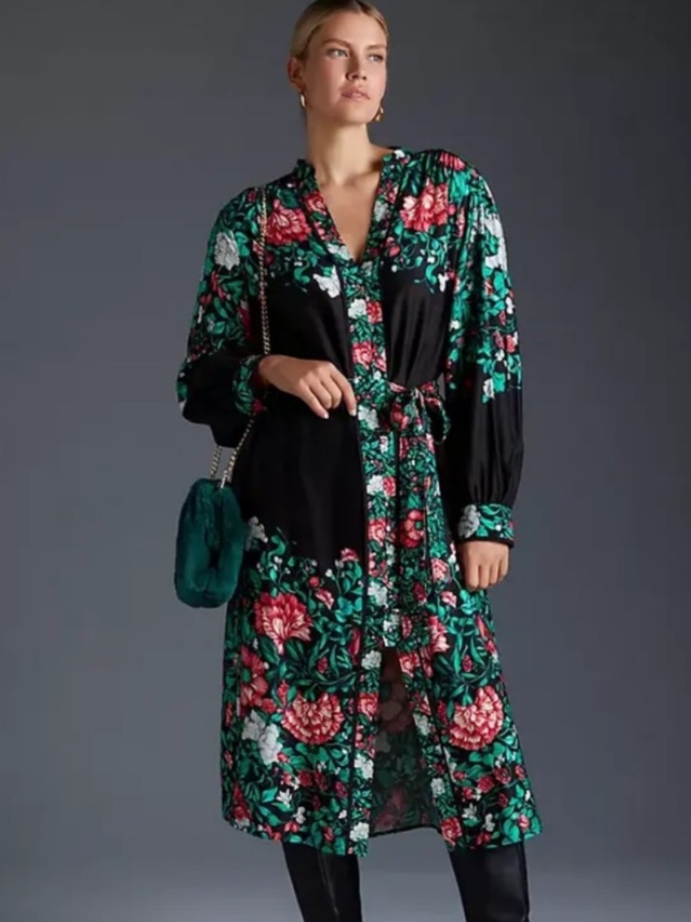 Anthropologie Black Floral Shirt Dress with Green & Pink Blooms